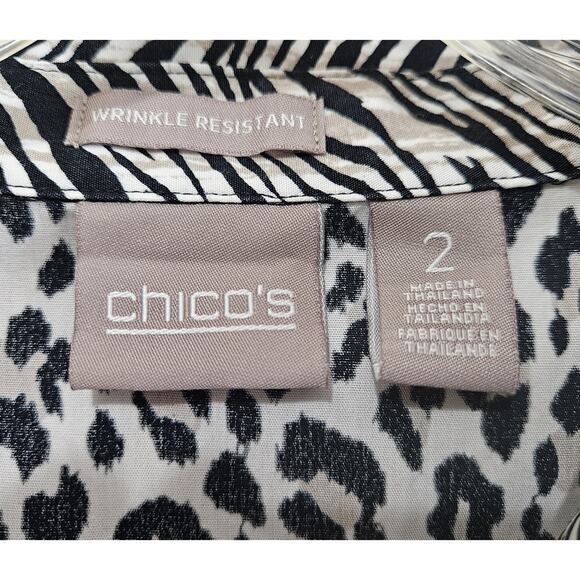 CHICO'S 2 Women 12 14 Blouse Button Up Animal Print Contrast Cuff 3/4 Sleeve 42" - Picture 3 of 7